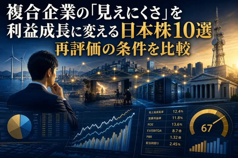 多角化企業の事業構造と株価評価を分析する投資家のイメージ。