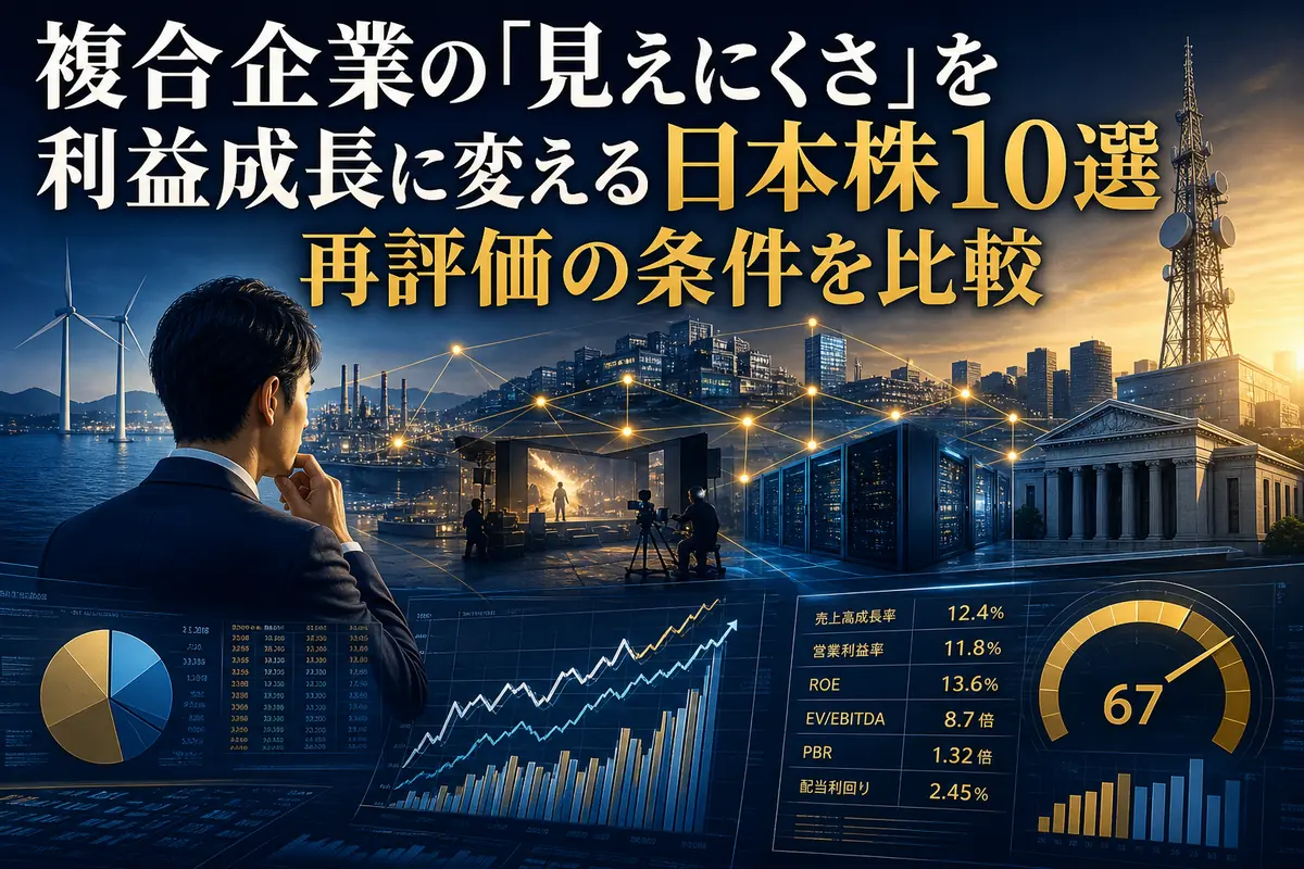 多角化企業の事業構造と株価評価を分析する投資家のイメージ。