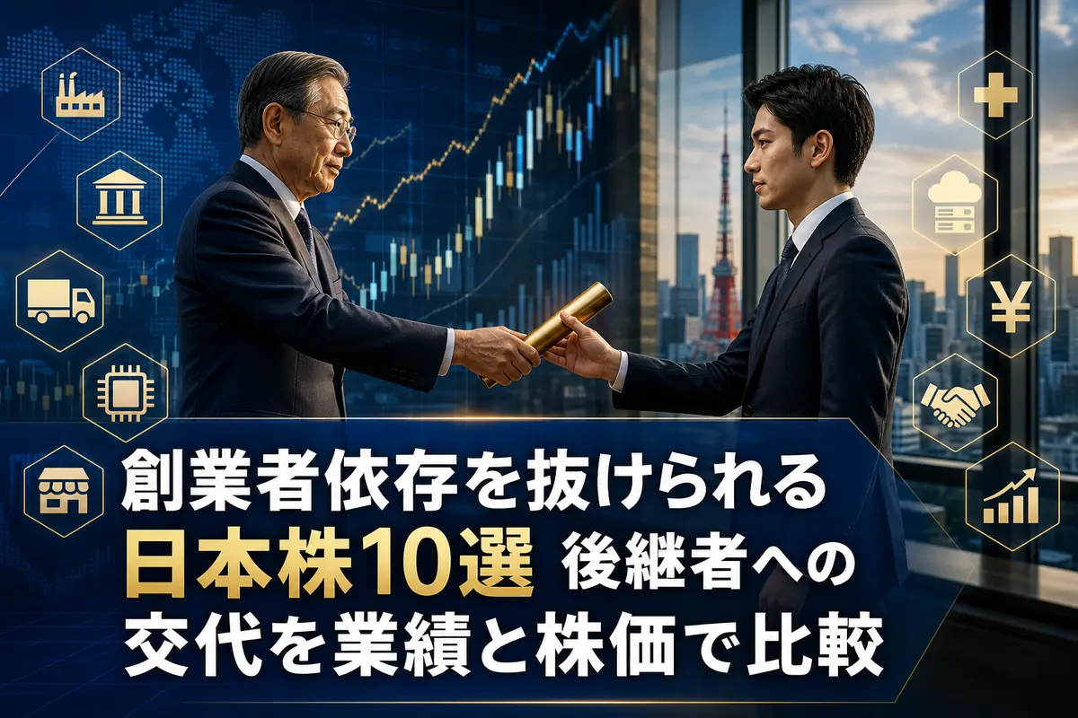 創業者が後継者へ企業経営のバトンを渡す様子。