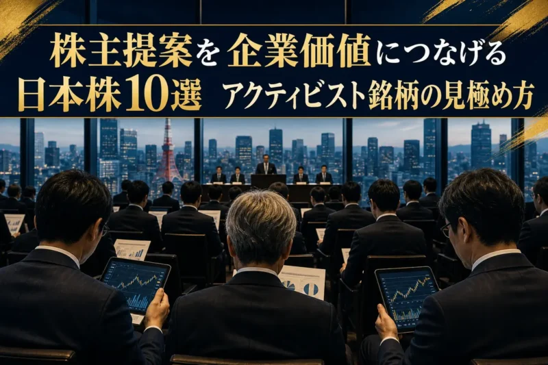 株主総会資料と株価データを確認する投資家たち。