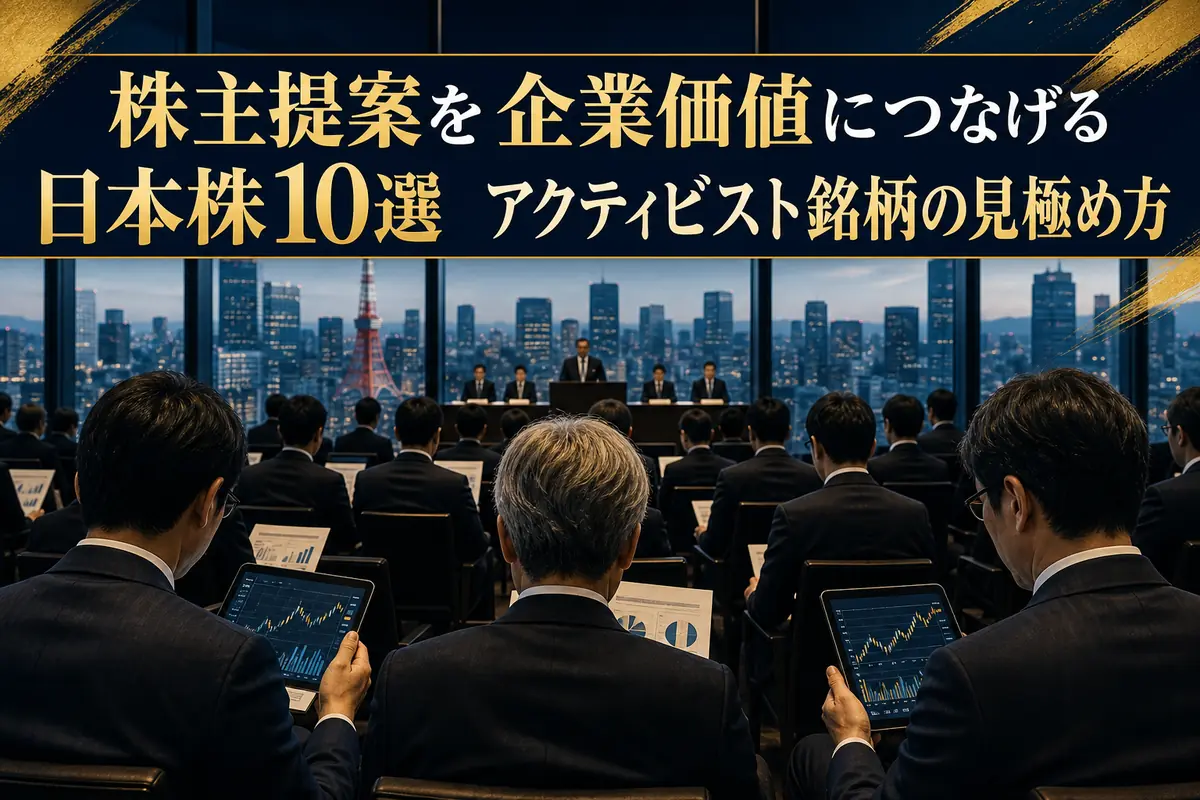 株主総会資料と株価データを確認する投資家たち。