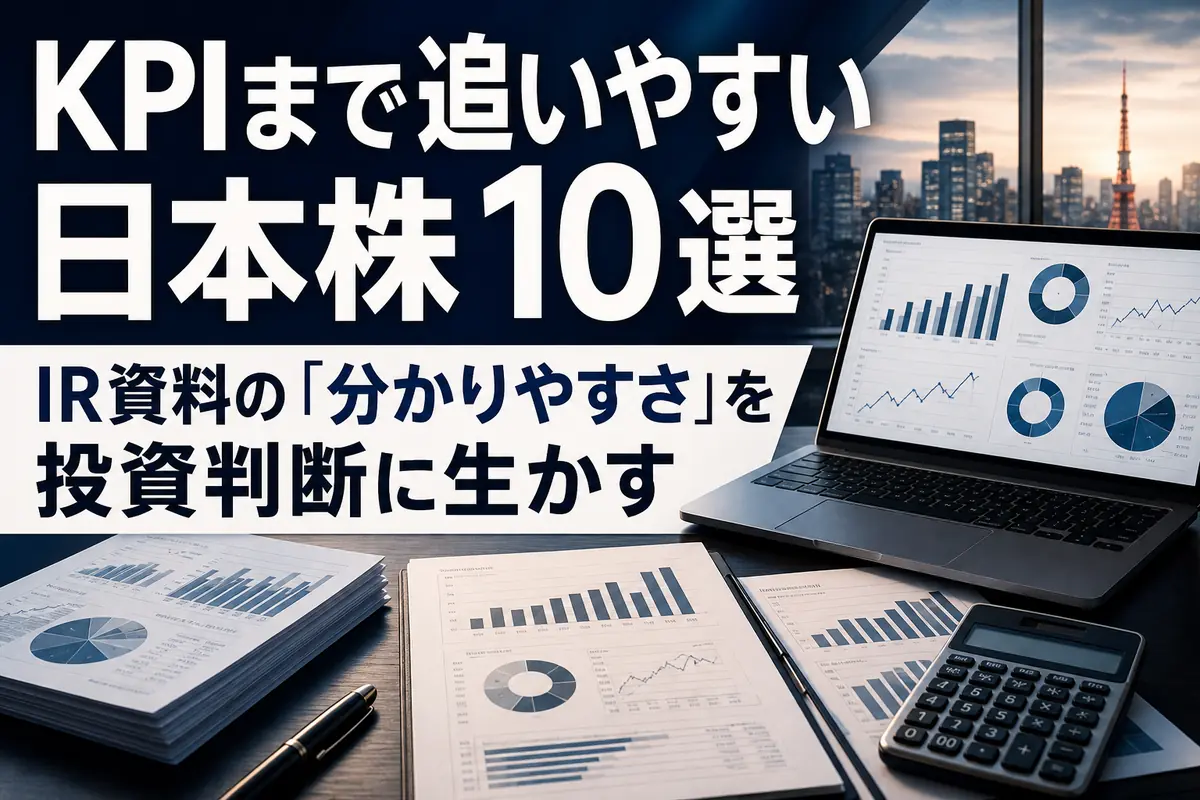 IR資料とKPIグラフを比較する日本株分析のデスク。