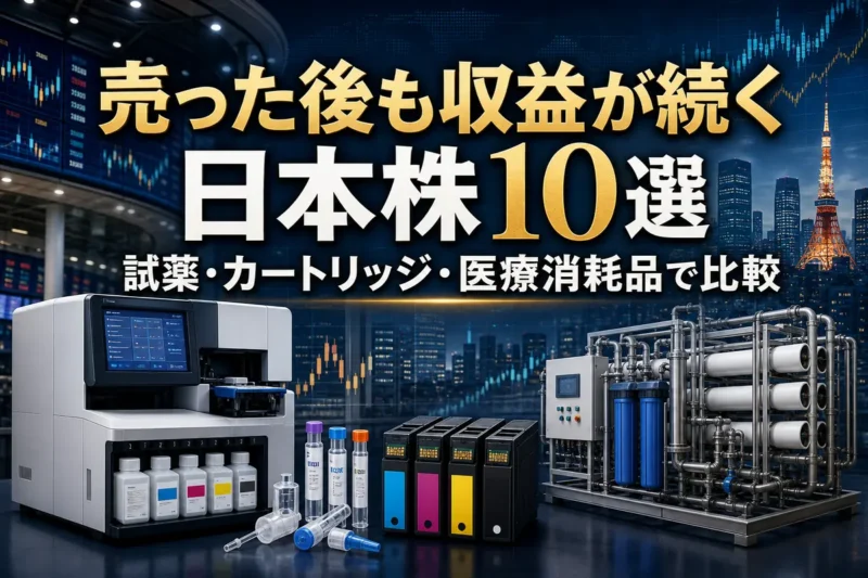 試薬や医療器具、インク、水処理薬品など継続収益型の消耗品を表したイメージ。