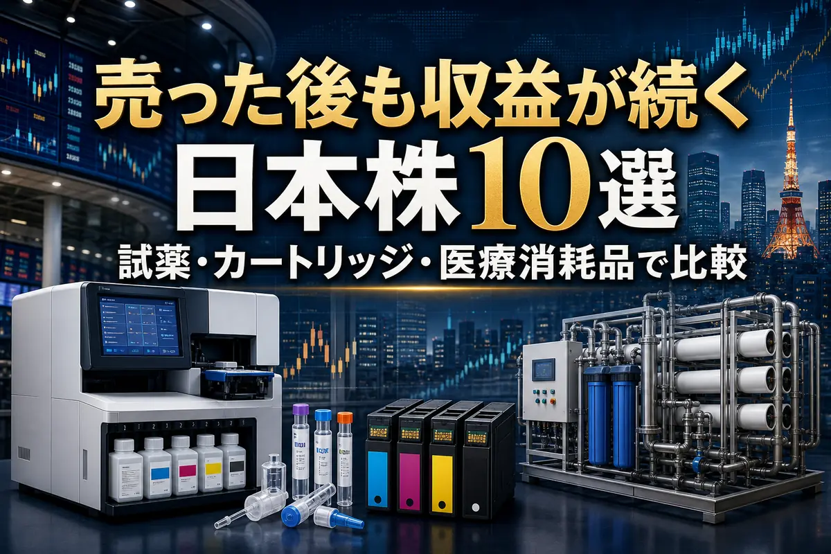 試薬や医療器具、インク、水処理薬品など継続収益型の消耗品を表したイメージ。