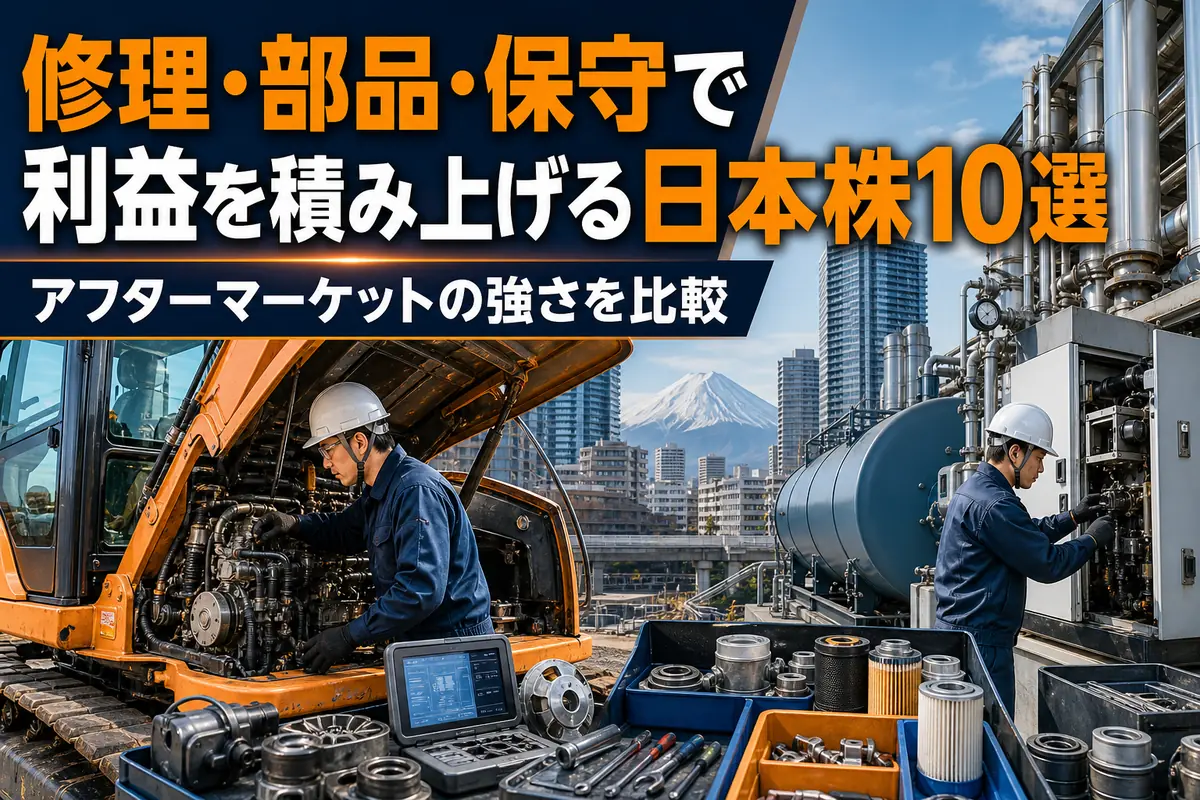 建設機械や産業設備を点検するサービス技術者と交換部品。
