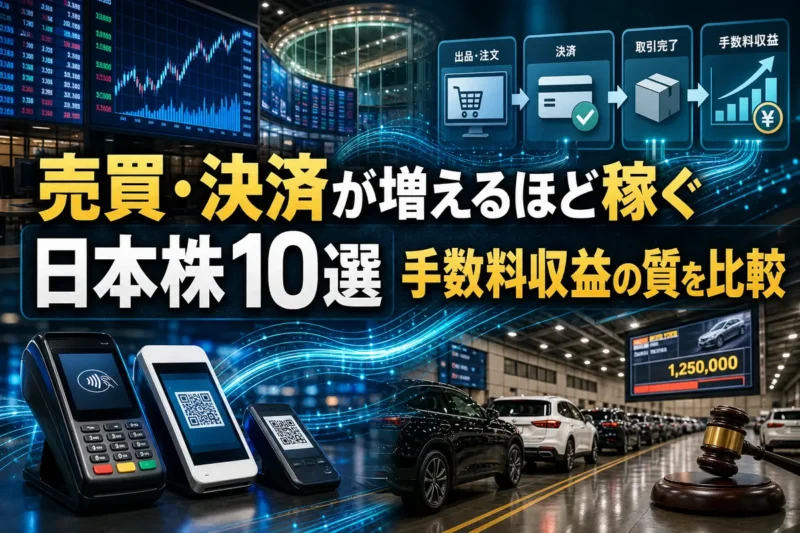 決済端末や市場データ、中古車競売を通じて手数料取引の広がりを表したイメージ。