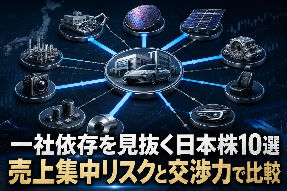 特定顧客と複数の日本企業のつながりを可視化した売上集中リスクのイメージ。