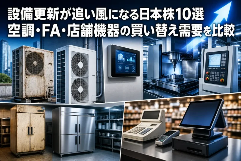 空調や工作機械、店舗設備が新しい省エネ機器へ更新される様子。