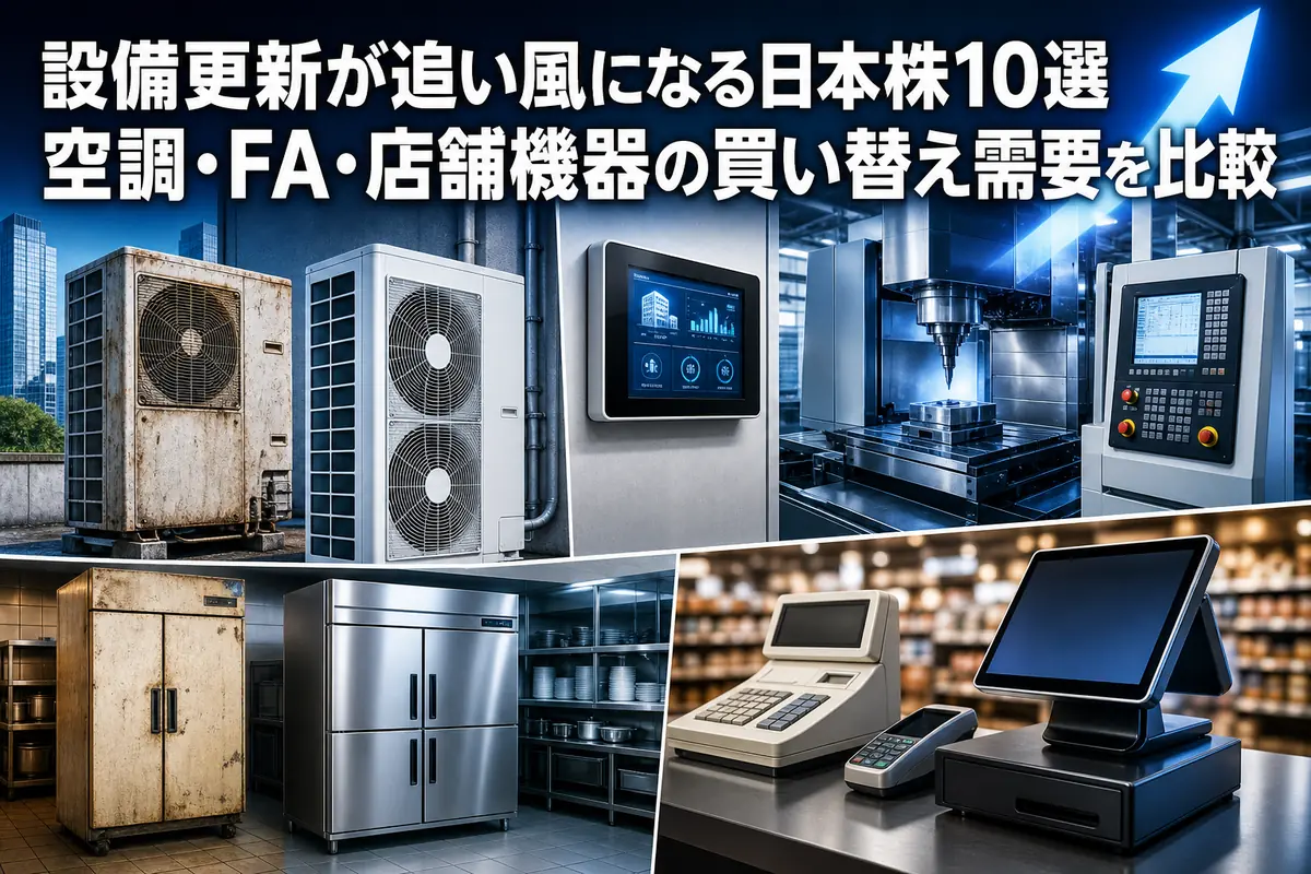 空調や工作機械、店舗設備が新しい省エネ機器へ更新される様子。