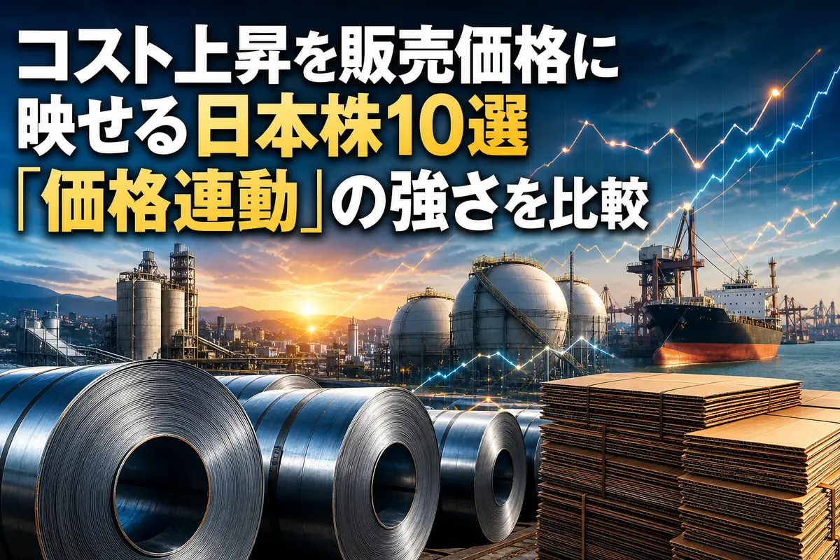 鉄鋼や段ボール、セメント、輸送船を通じて価格転嫁を表現した産業風景。