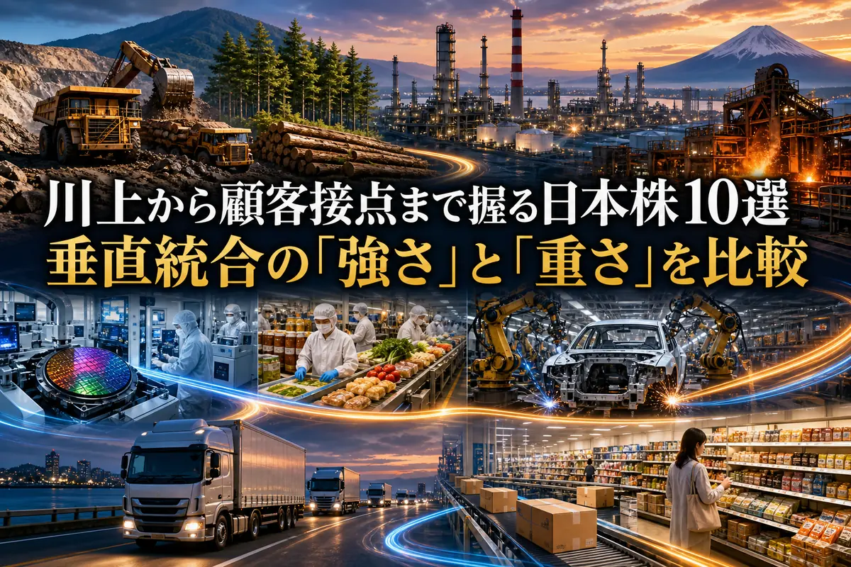 原材料から製造・物流・販売までつながる垂直統合型企業のイメージ。