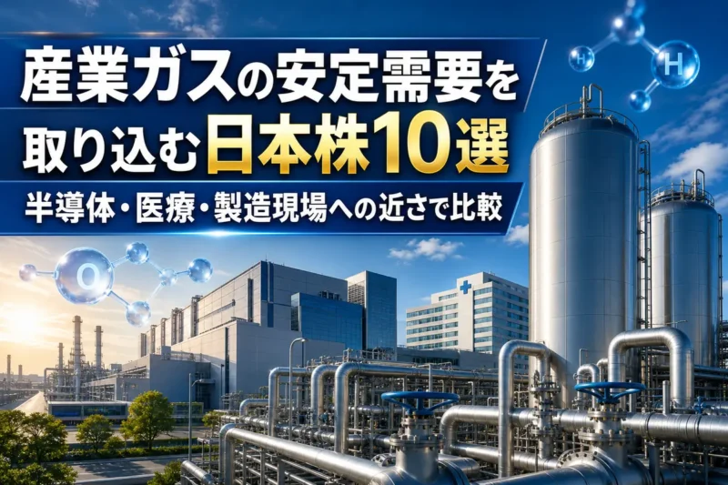 産業ガス設備の奥に半導体工場と病院が見える産業風景。