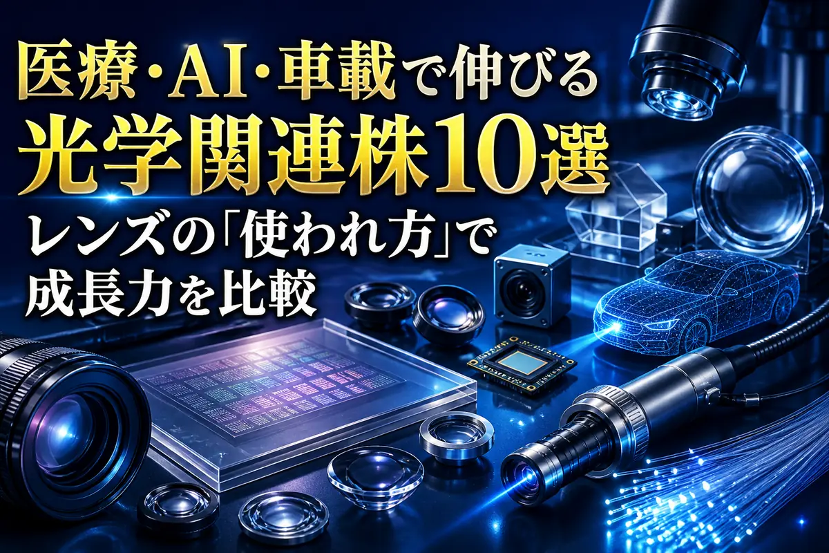 医療・半導体・車載へ広がる光学部品とレンズのイメージ。