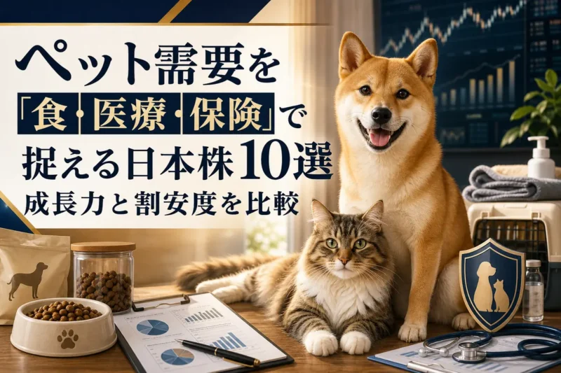 ペットフード、動物医療、保険を象徴する犬と猫の投資テーマ画像。