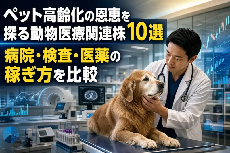 高齢犬を診察する獣医師と動物医療の検査設備。