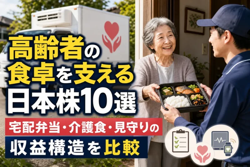 高齢者が自宅の玄関で栄養に配慮した配食弁当を受け取る様子。