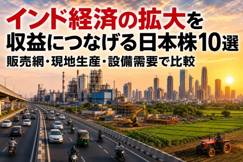 インドの都市、工場、道路、農業を背景に成長産業を表現した風景。