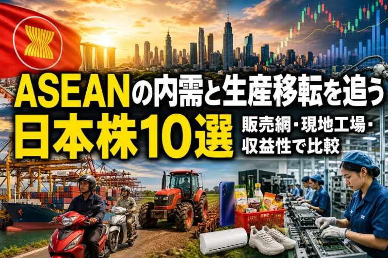 ASEANの都市・港湾・工場と日本企業の関連事業を表現したイメージ。