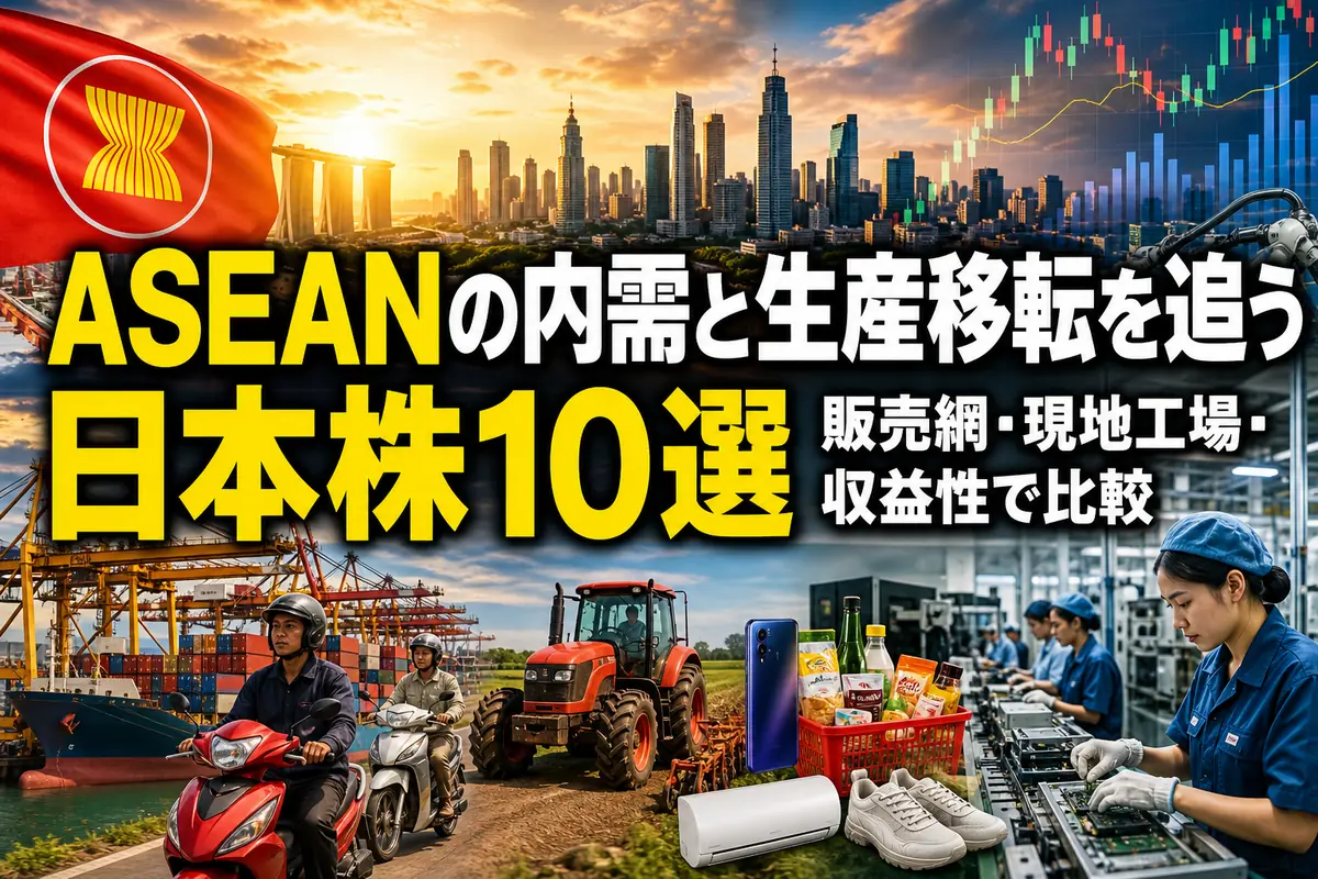 ASEANの都市・港湾・工場と日本企業の関連事業を表現したイメージ。