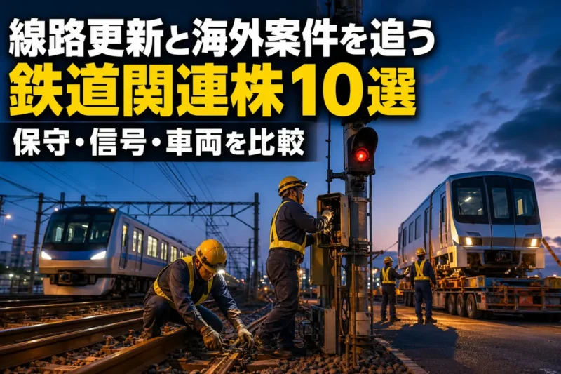 鉄道の線路と信号設備を点検する保守作業員。