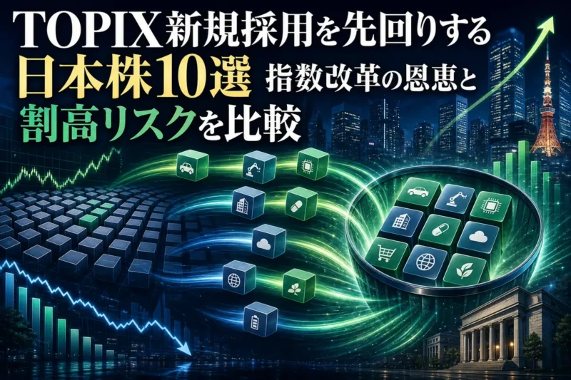 TOPIXの構成銘柄入れ替えと資金移動を表した金融市場のイメージ。