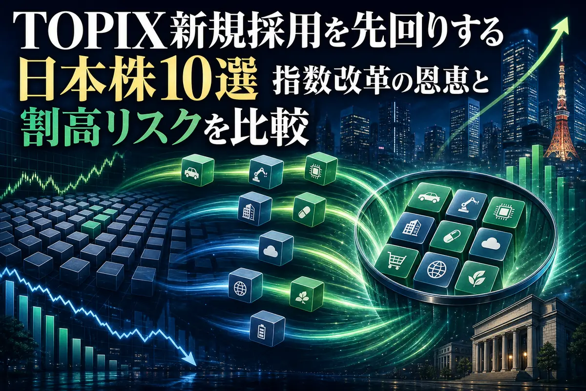 TOPIXの構成銘柄入れ替えと資金移動を表した金融市場のイメージ。