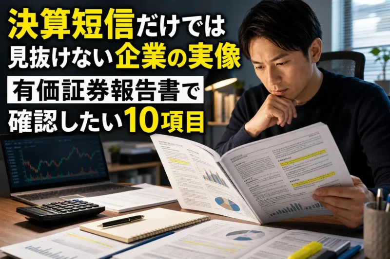 有価証券報告書と株価資料を机上で比較する投資家。