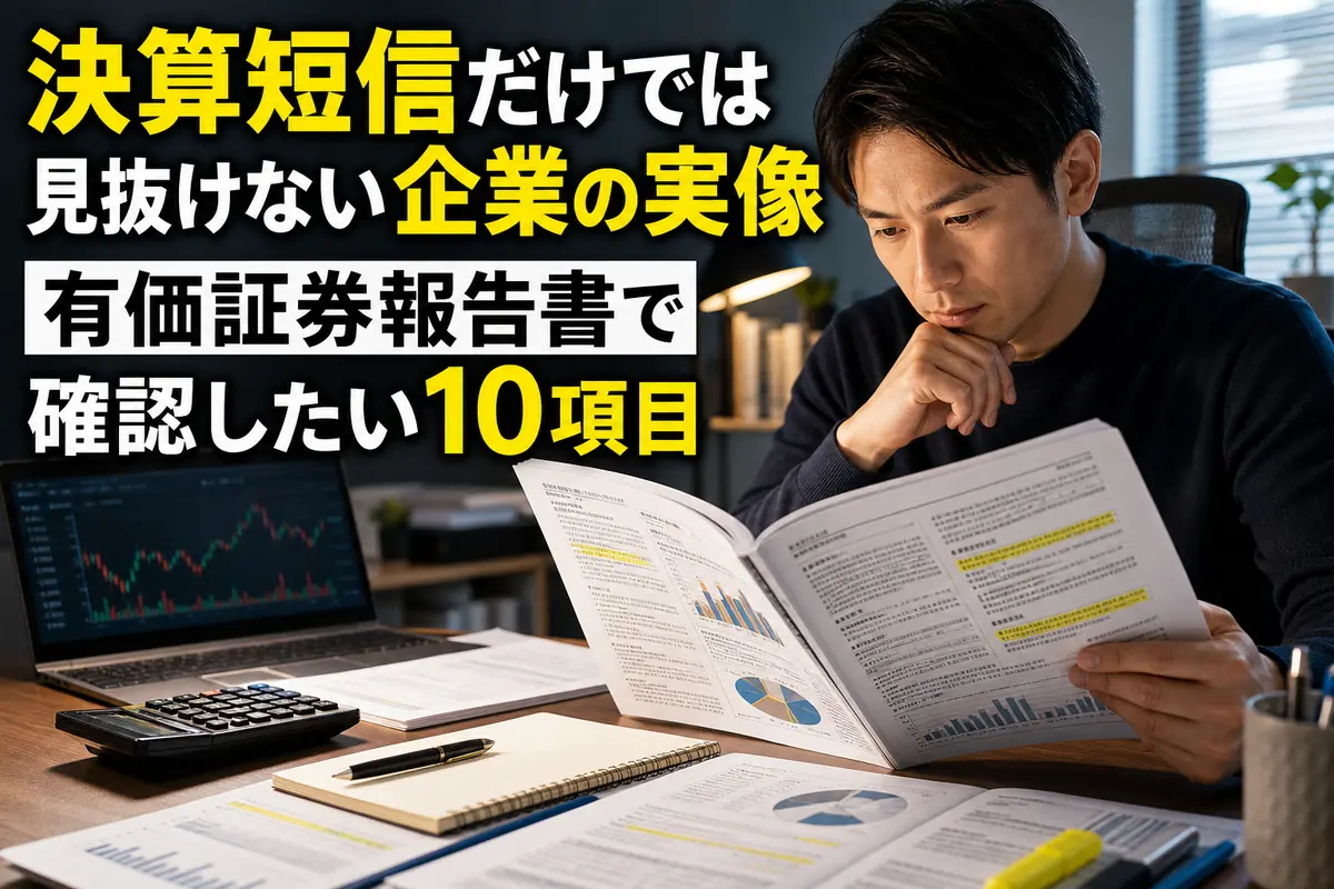 有価証券報告書と株価資料を机上で比較する投資家。