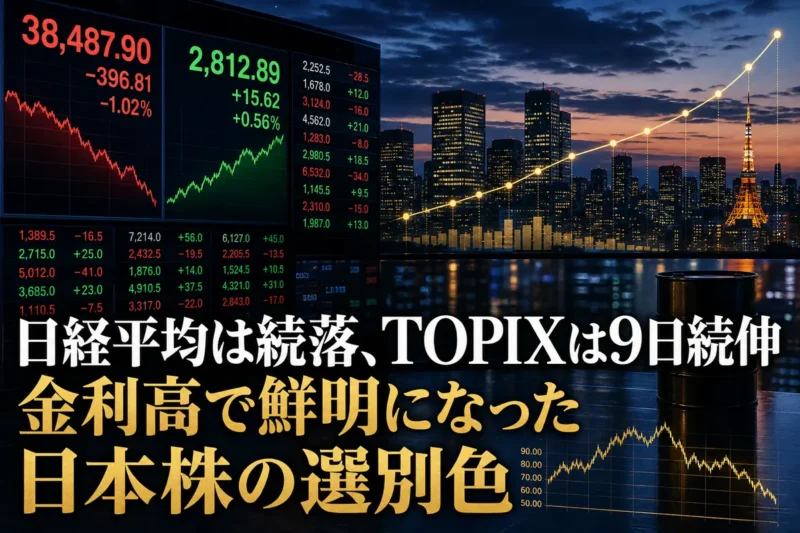日経平均とTOPIXの方向が分かれた東京株式市場を表すイメージ。