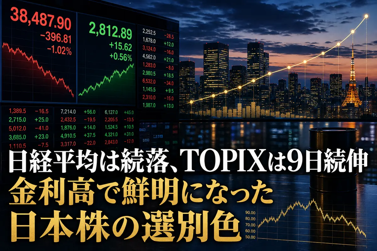 日経平均とTOPIXの方向が分かれた東京株式市場を表すイメージ。