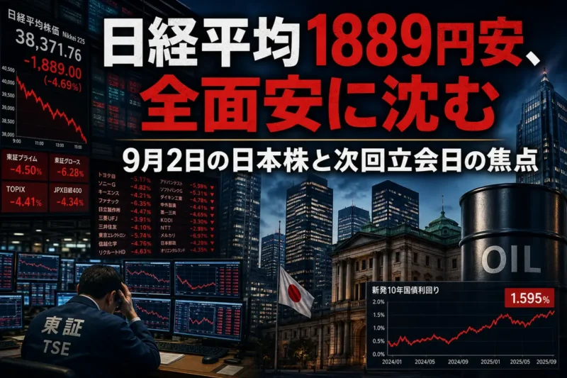 赤く染まった株価ボードと東京の金融街を描いた日本株市場のイメージ。
