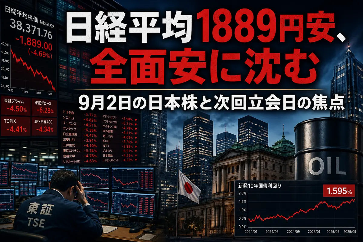 赤く染まった株価ボードと東京の金融街を描いた日本株市場のイメージ。