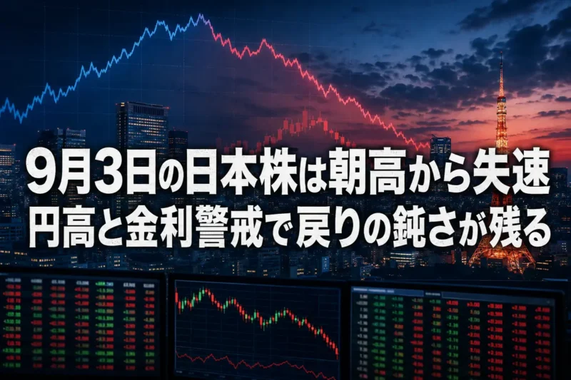 朝高後に失速した日本株市場を示す取引画面と東京の街並み。
