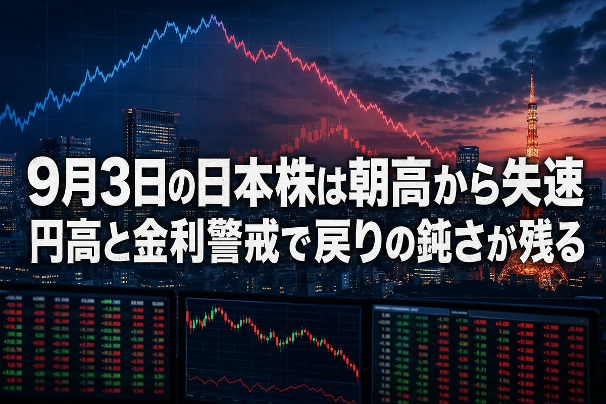 朝高後に失速した日本株市場を示す取引画面と東京の街並み。