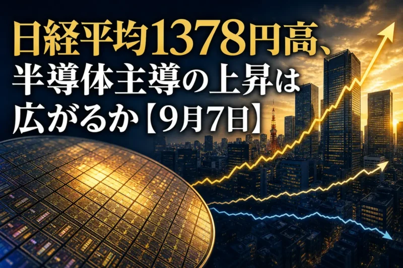 東京の金融街と半導体ウエハーを背景に、日本株の指数間の強弱を表したイメージ。