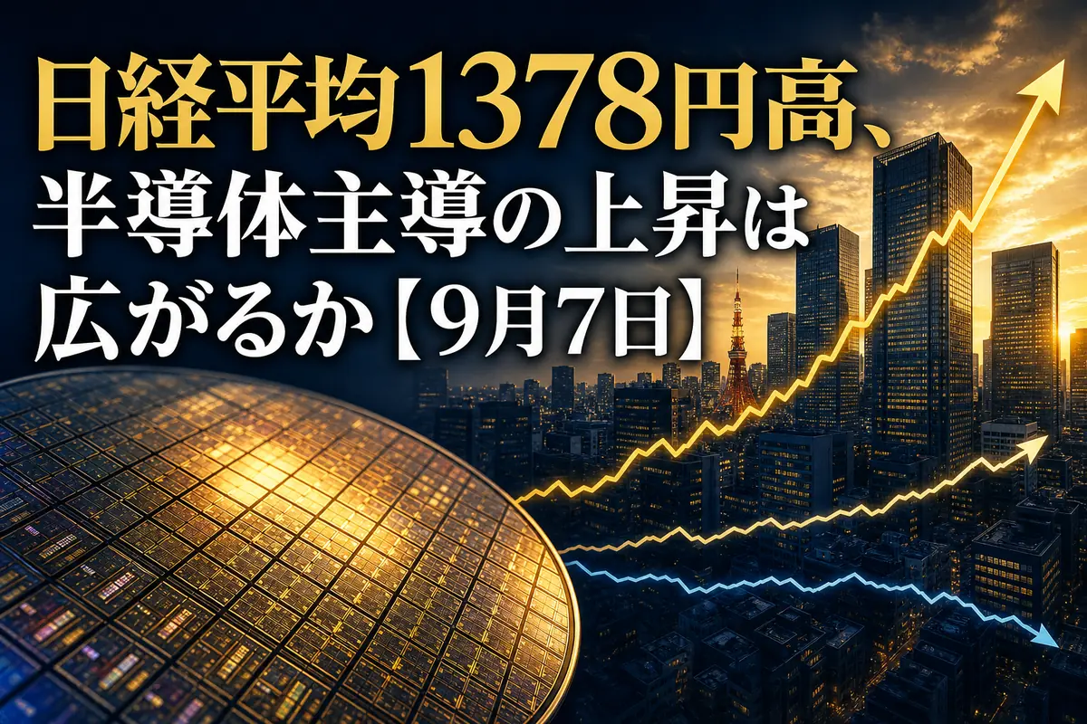 東京の金融街と半導体ウエハーを背景に、日本株の指数間の強弱を表したイメージ。