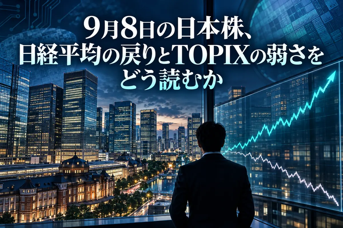 東京の金融街を背景に、方向の異なる株価の動きを表したイラスト。