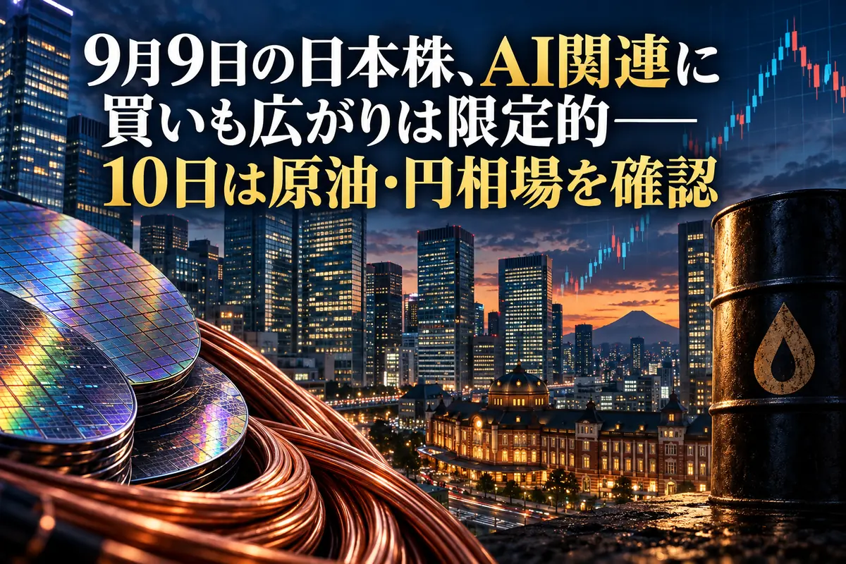東京の金融街を背景に半導体と電線、原油を描いた市場イメージ。