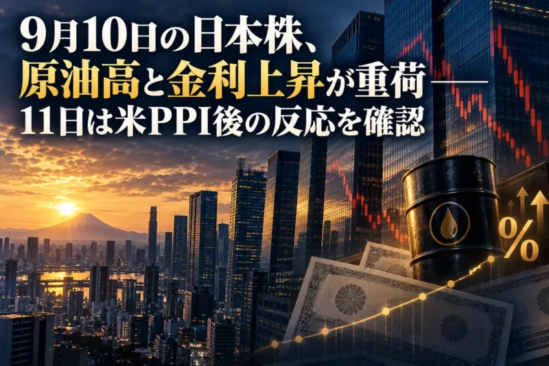 東京の金融街に株価の下落と原油・金利の動向を重ねたイメージ。