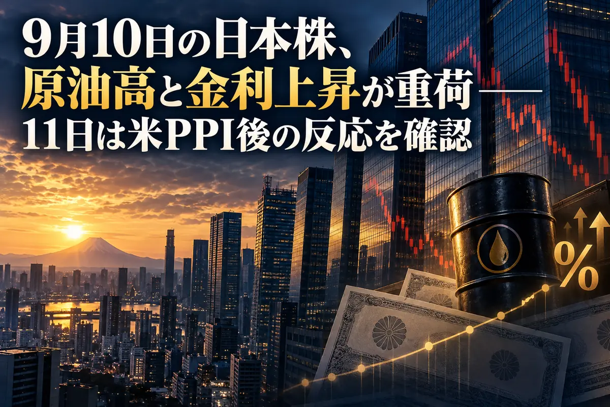 東京の金融街に株価の下落と原油・金利の動向を重ねたイメージ。
