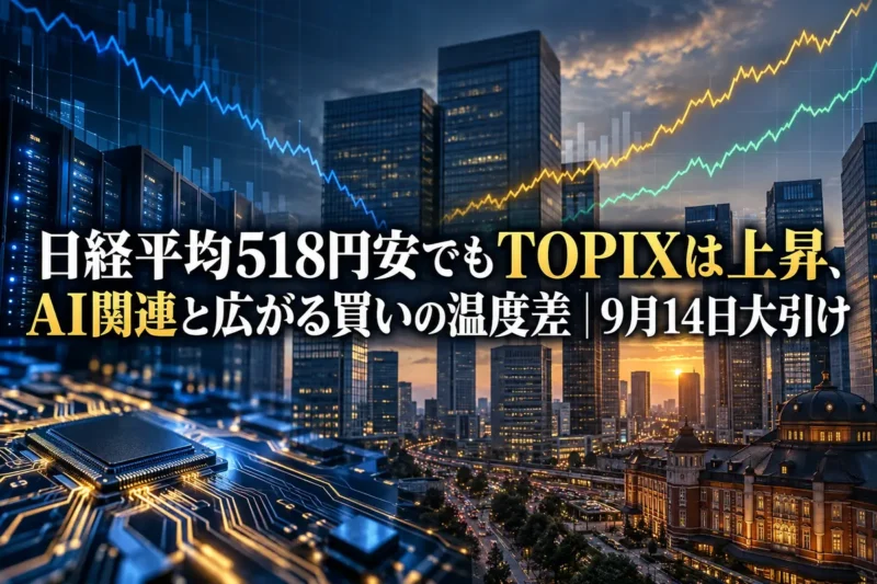 東京の金融街を背景に主要株価指数の方向の違いを表したイラスト。