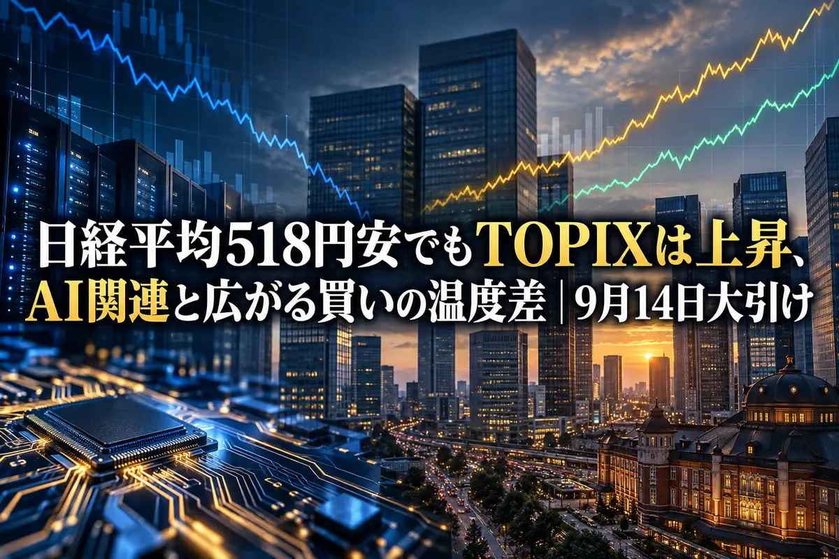 東京の金融街を背景に主要株価指数の方向の違いを表したイラスト。