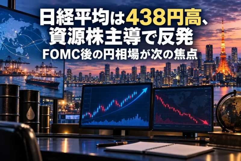 日経平均の反発とグロース株の下落を示す市場画面と東京の街並み。