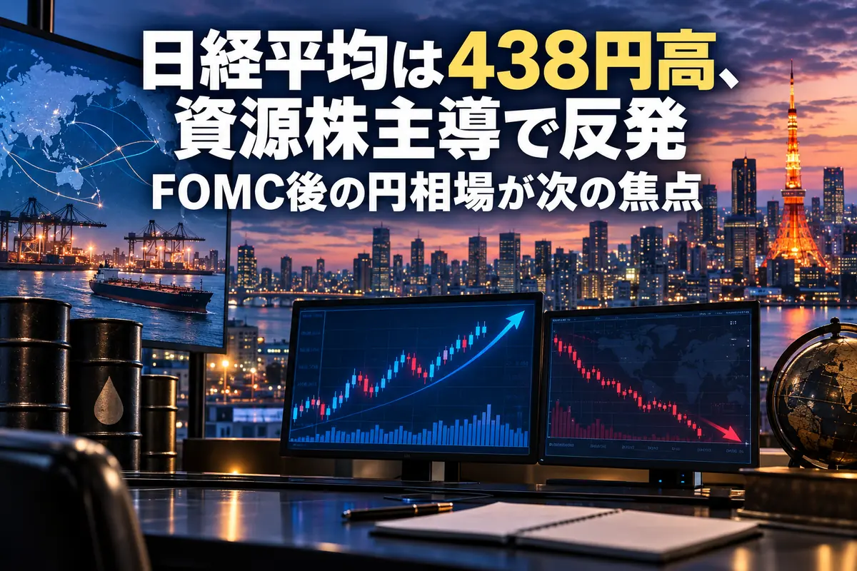 日経平均の反発とグロース株の下落を示す市場画面と東京の街並み。