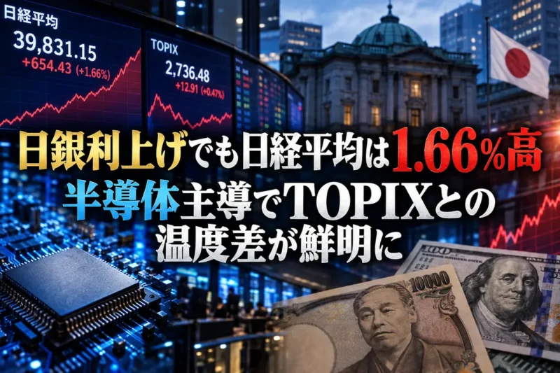日銀の追加利上げと指数の明暗を表す東京市場のイメージ。