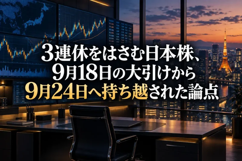 夕暮れの東京を背景に、株価チャートが映る画面と静かな取引デスクが並ぶ様子。