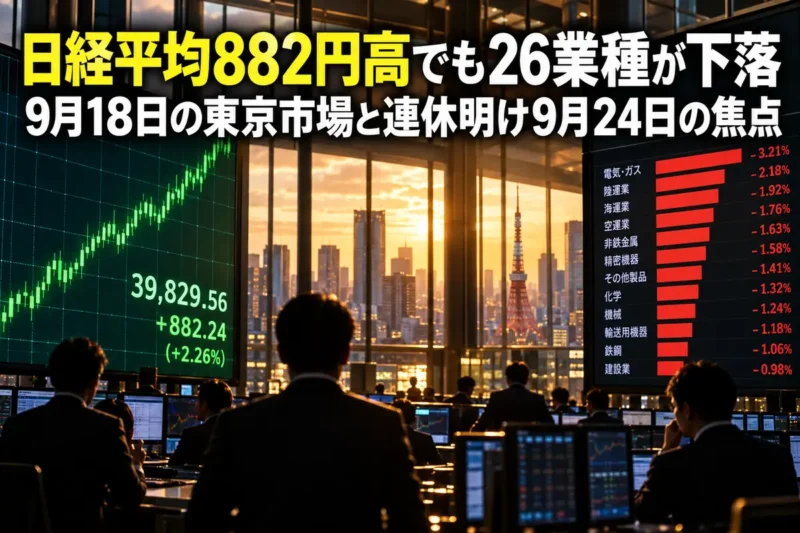 上昇チャートと下落セクターが同時に映る東京の取引フロアのイメージ