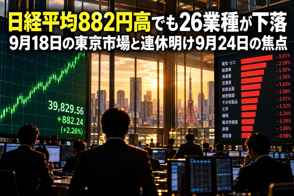上昇チャートと下落セクターが同時に映る東京の取引フロアのイメージ