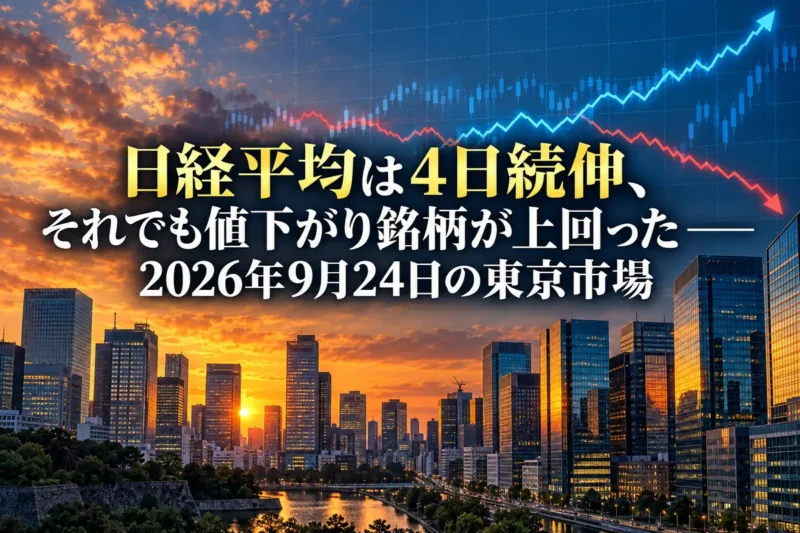 夕暮れの東京の金融街と、上下に分かれて伸びる2本の株価チャートを重ねたイメージ画像。