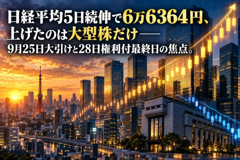 夕方の東京の金融街のビル群に、上昇する株価チャートが重なったイメージ画像。